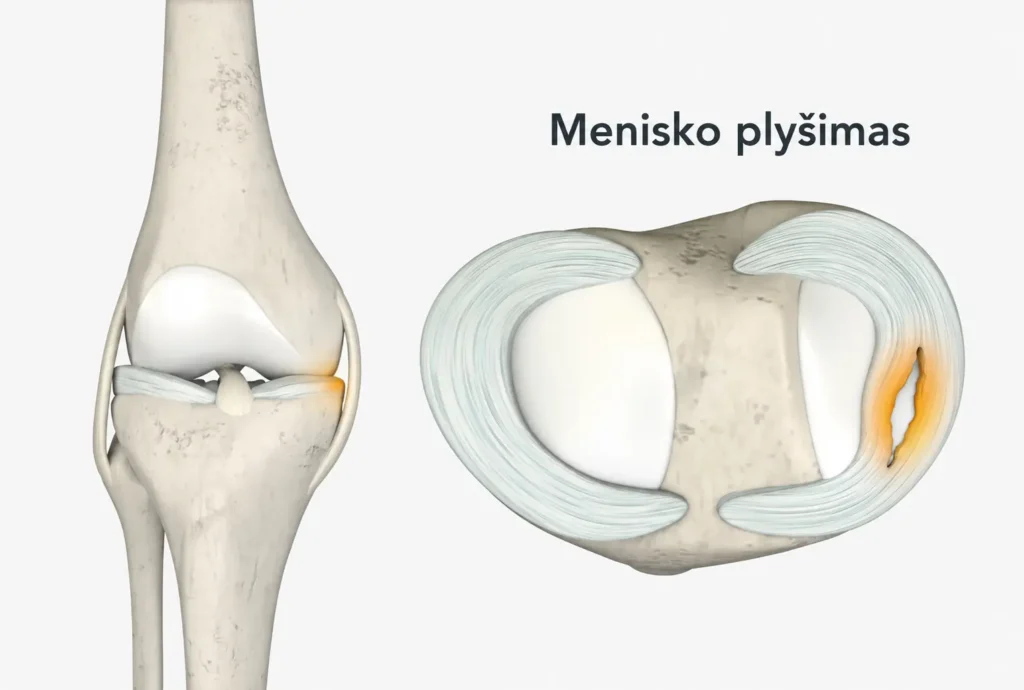 Kelio sąnario schema, kurioje pažymėta menisko plyšimo vieta