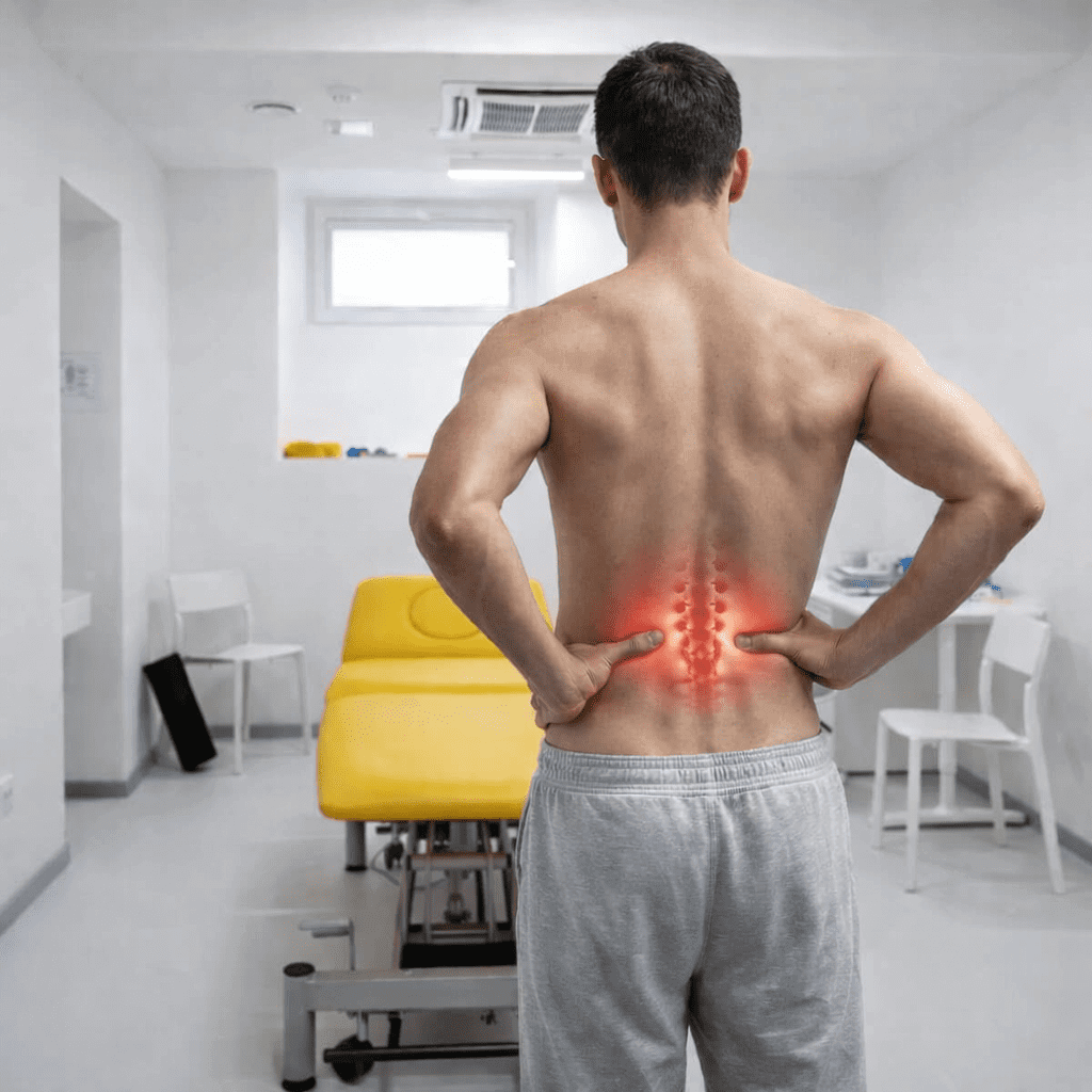 Vyras gydosi nugarą kineziterapijos klinikoje