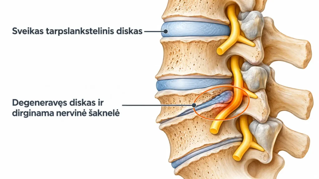 Sveiko ir pažeisto tarpslankstelinio disko bei dirginamos nervinės šaknelės palyginimas